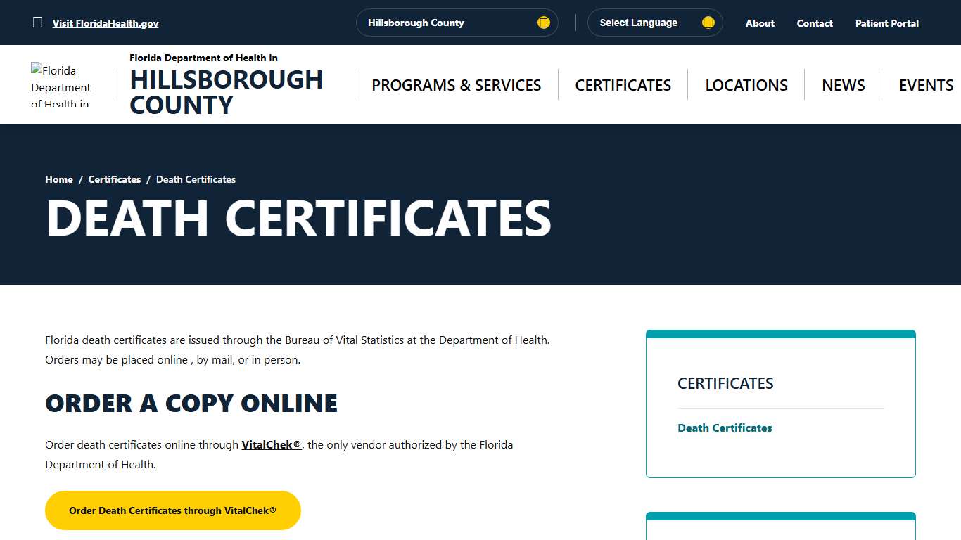 Death Certificates - Florida Department of Health in Hillsborough County