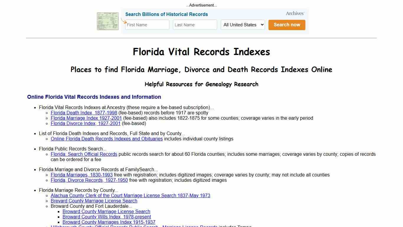 Online Florida Vital Records Indexes - Marriage, Divorce & Death Records